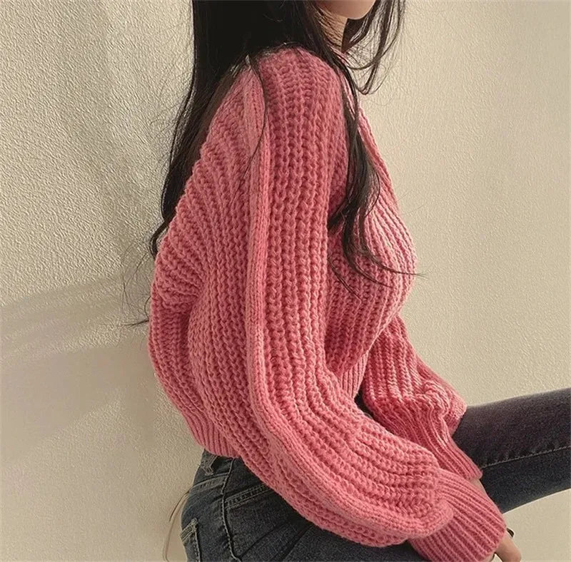 Loose korean sweater pink lantern sleeve close up