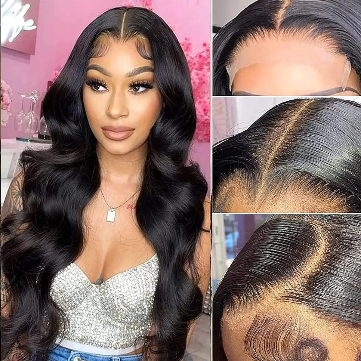Body wave hd lace front wig worn on model