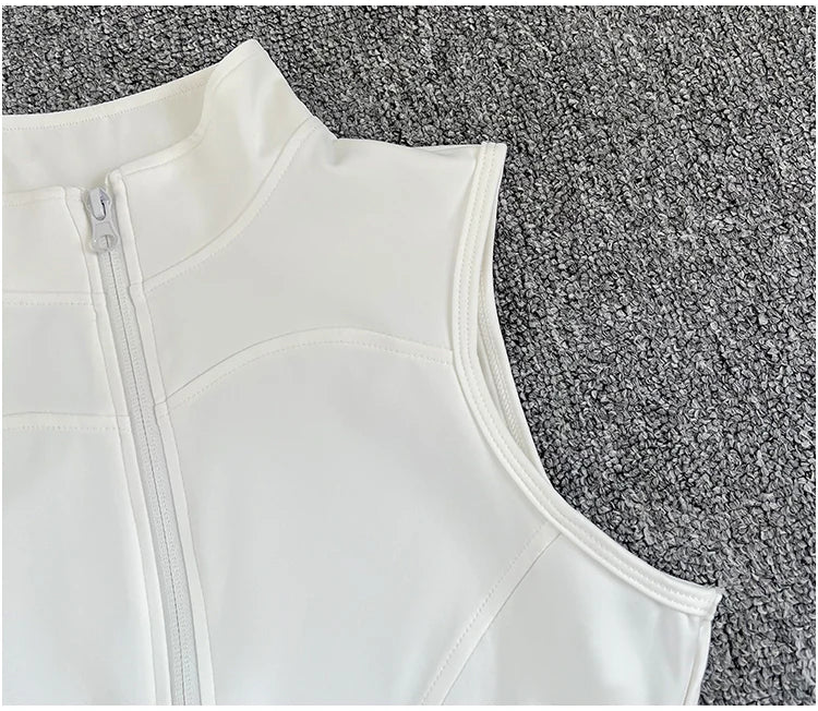 Women's zip-up yoga fitness tank top front view white