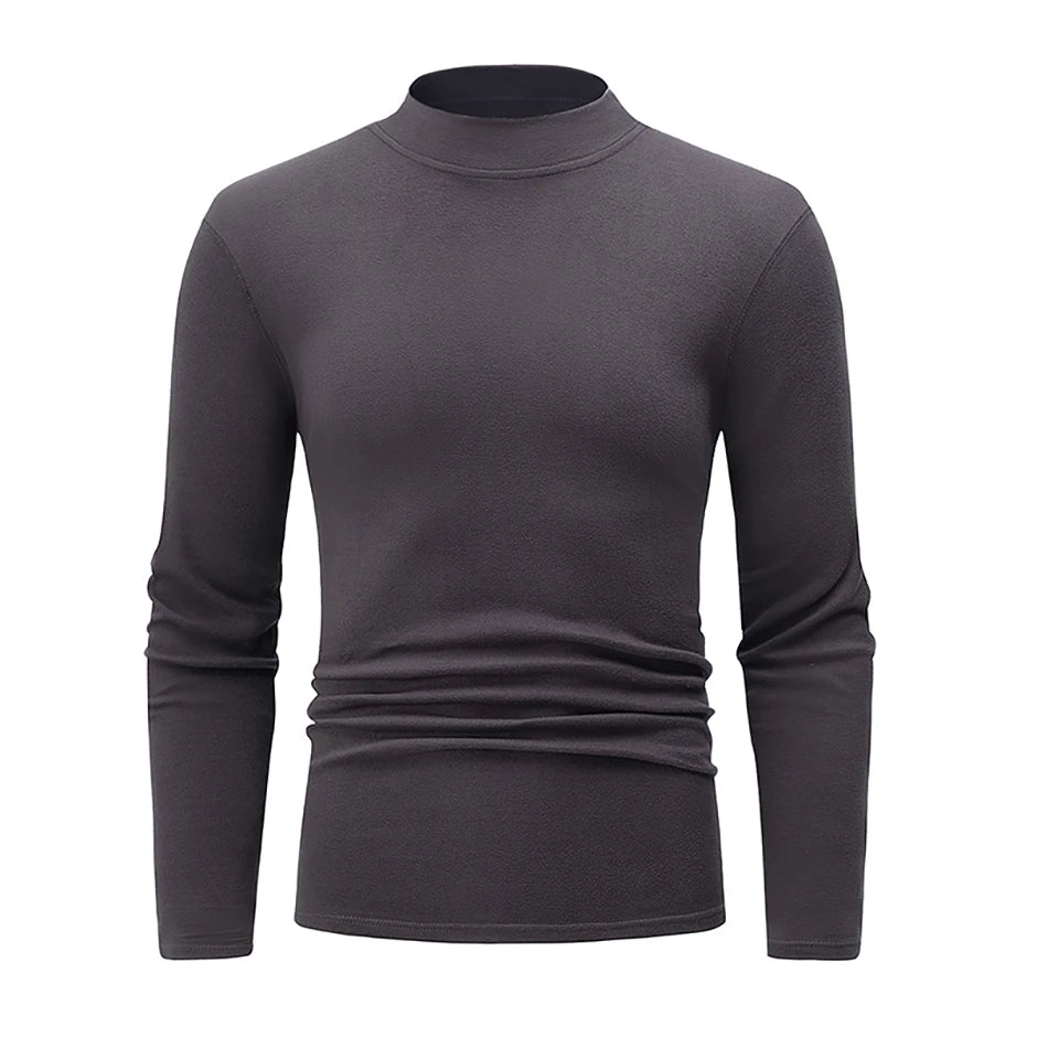 Men's semi-turtleneck long sleeve top worn under jacket