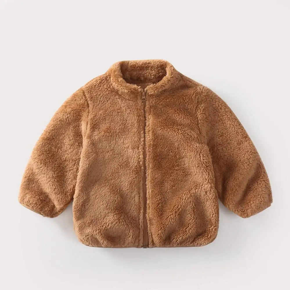 Kids plush winter coat lining texture closeup