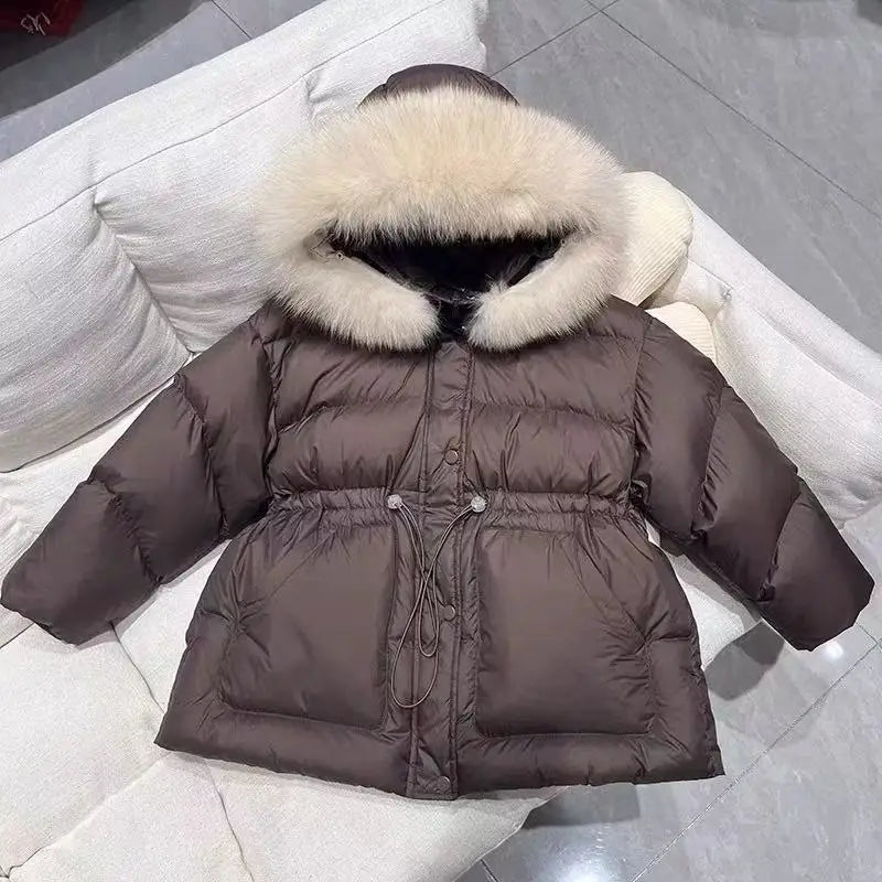 Girls fur-hood winter parka worn by child