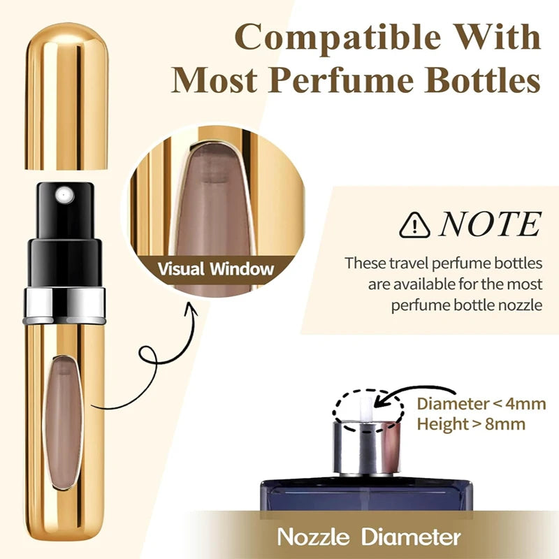 Mini Perfume Atomizer Bottles in silver, black, blue, and gold for stylish travel fragrance.