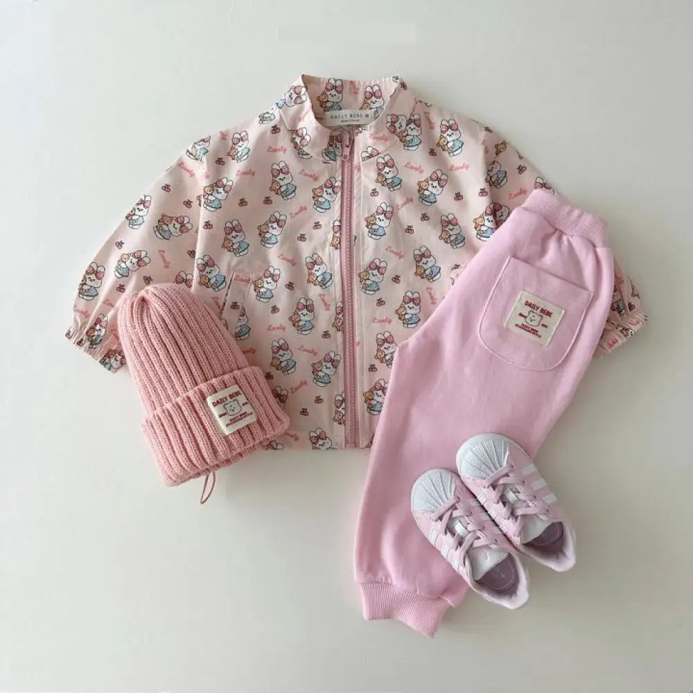 Baby cartoon print sun jacket worn by child