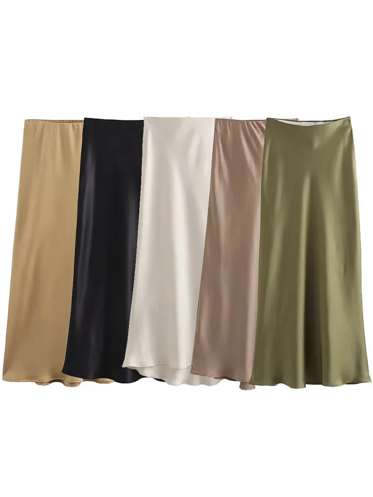 High waist satin midi skirt worn styled outfit option