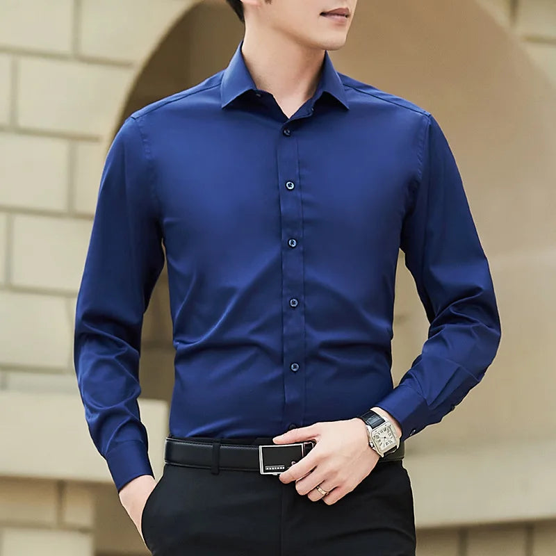 Slim fit business shirt front view navy blue