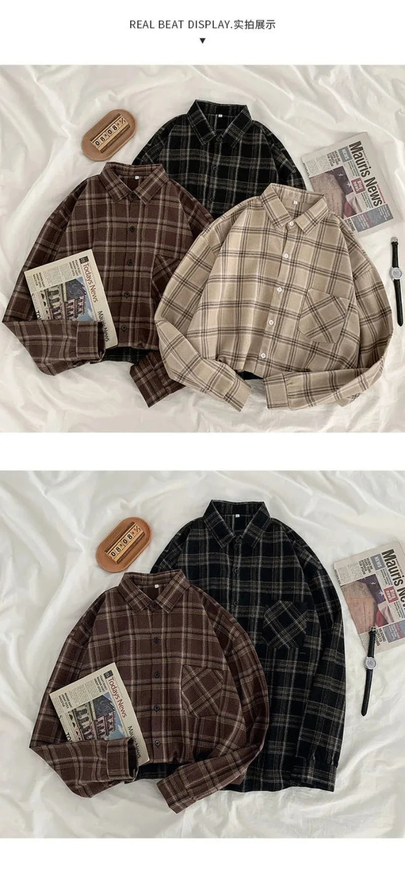 Oversized plaid shirt brown fabric texture close up