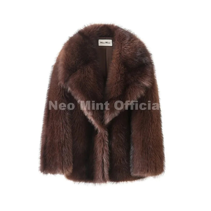 Women's faux fur striped oversized coat front view brown