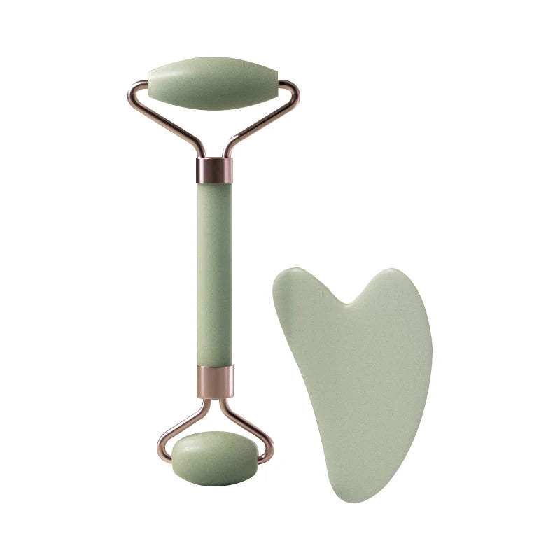 Facial massage roller scraper set worn in use