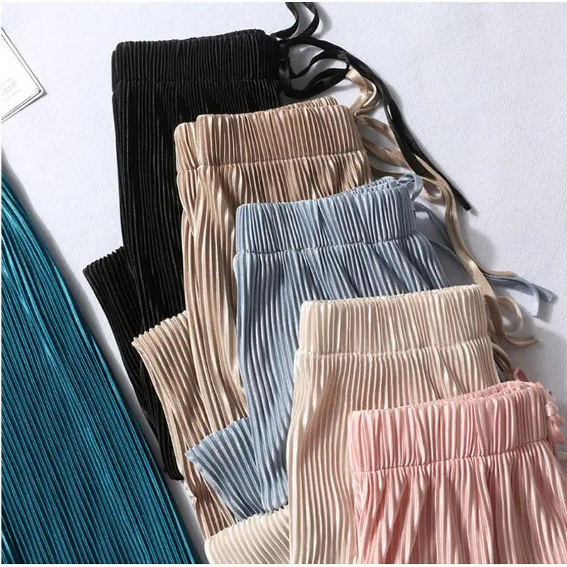 Wide leg ice silk pants beige worn close up