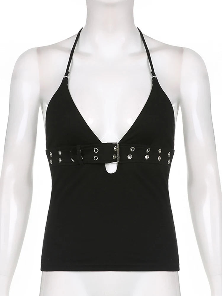 Bandage lace-up crop top front view black