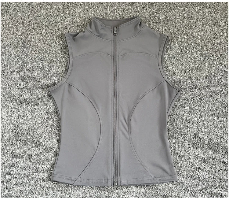 Women's zip-up yoga fitness tank top front view gray
