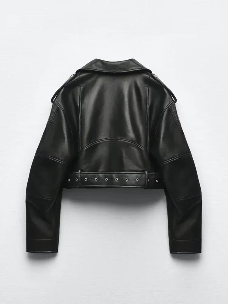 Faux Leather Moto Jacket | Belted Biker Coat