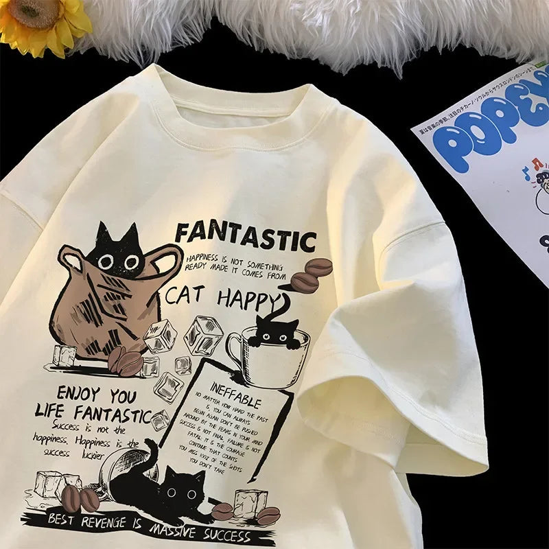 Cartoon cat couple t-shirt oversized front view