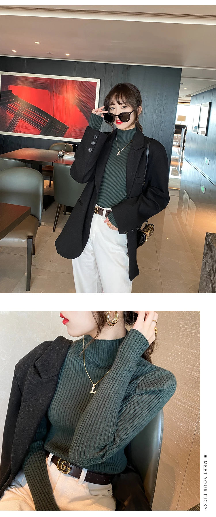 Slim turtleneck sweater khaki close up collar