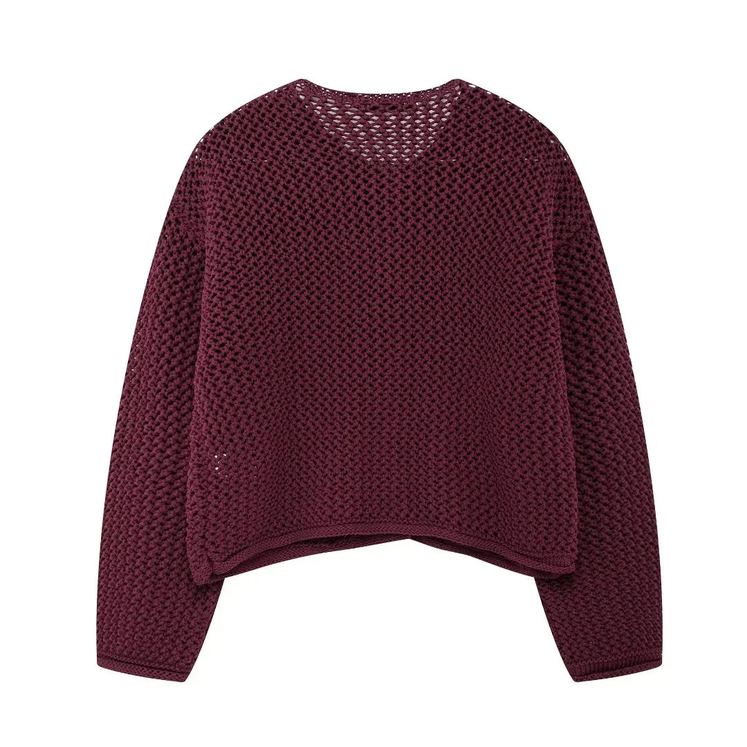  Cropped knit cardigan burgundy flat lay back view