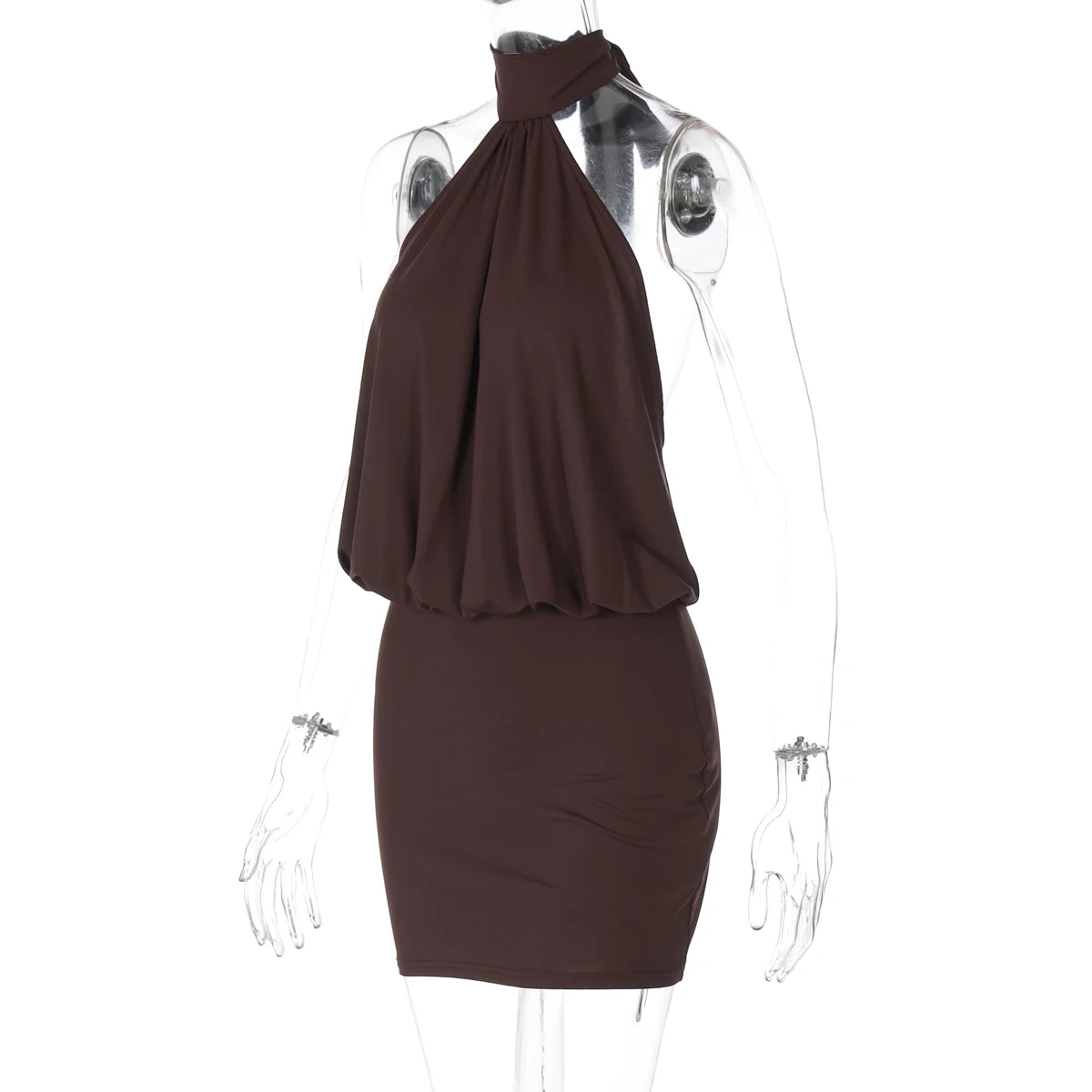 Women's backless halter bodycon mini dress front view brown