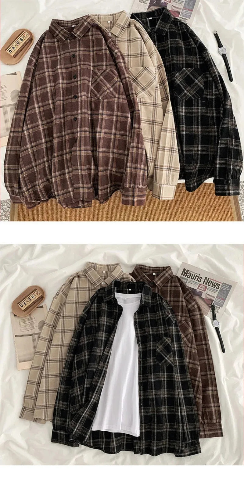 Oversized plaid shirt khaki and black hanging pair