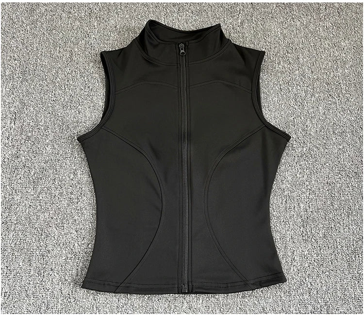 Women's zip-up yoga fitness tank top front view black