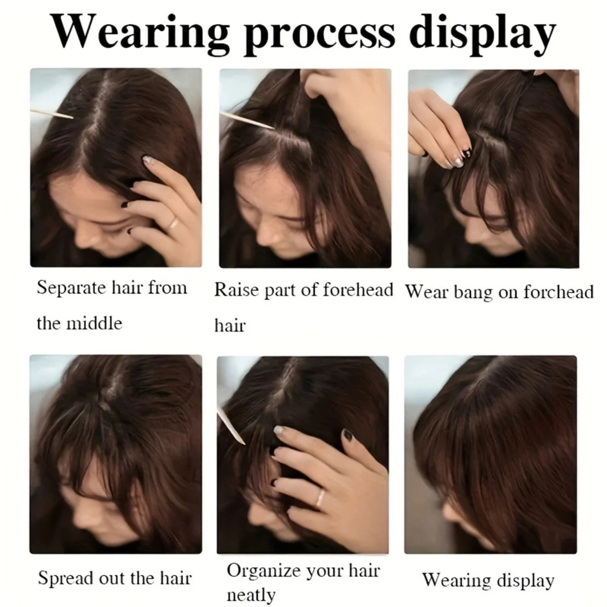 Clip-in bangs hair extension worn on model