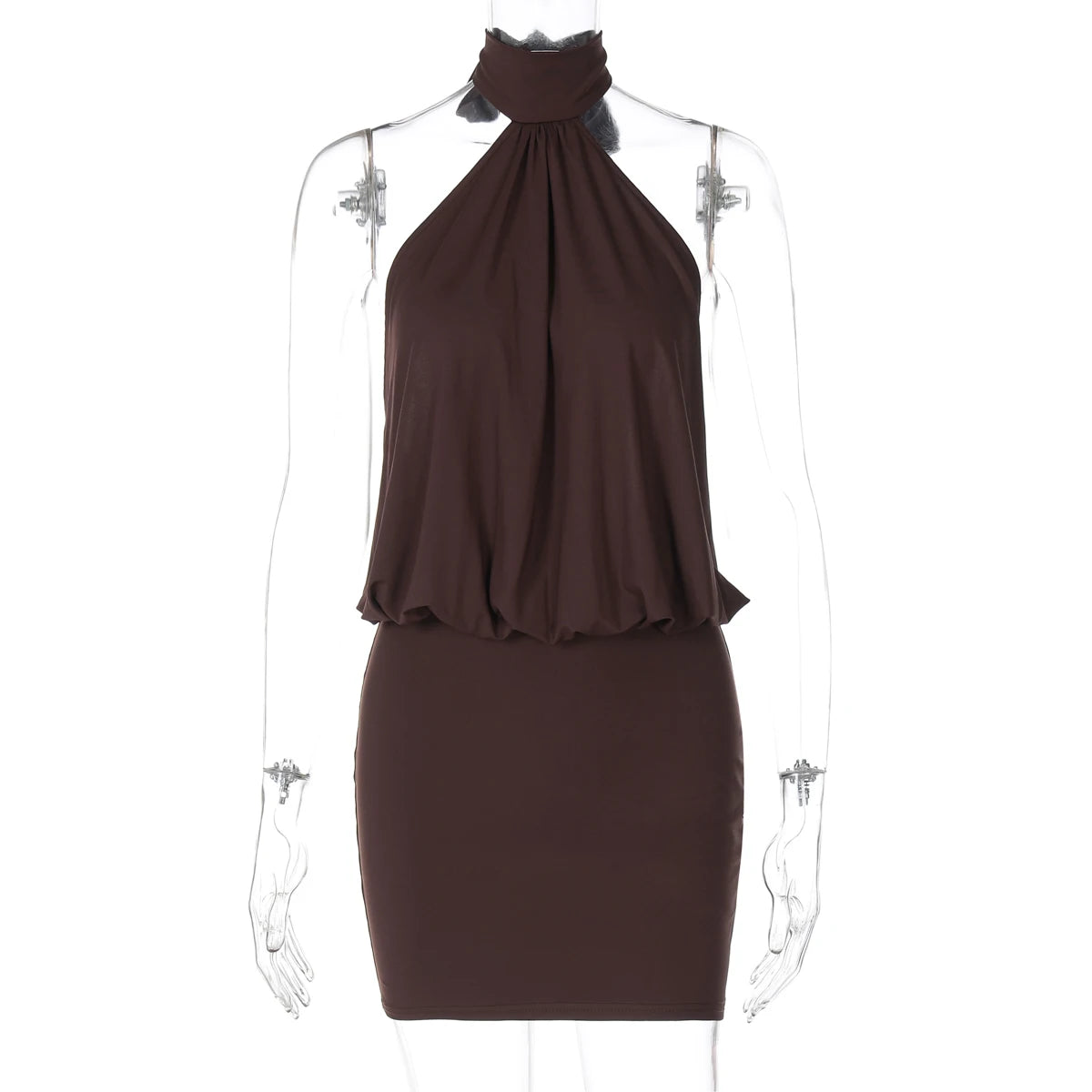 Women's backless halter bodycon mini dress front view brown