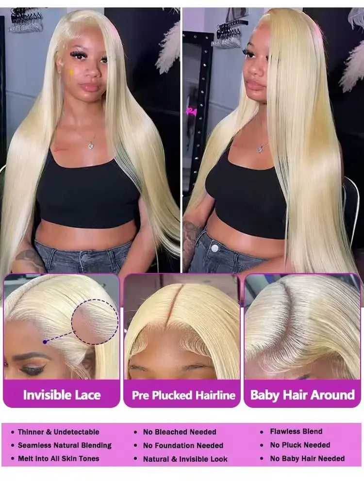Honey blonde bone straight wig worn on model