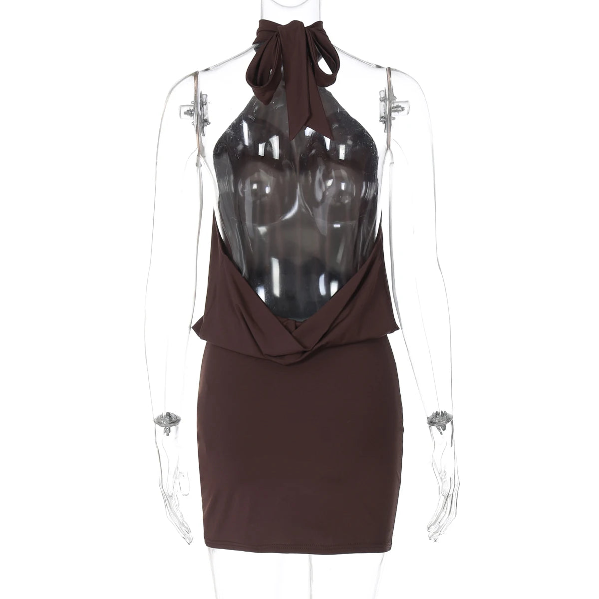 Women's backless halter bodycon mini dress front view brown