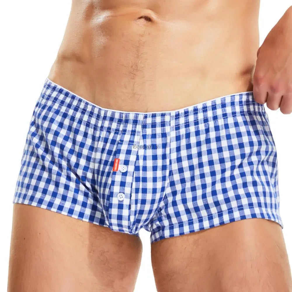 Men's cotton plaid boxer shorts worn model