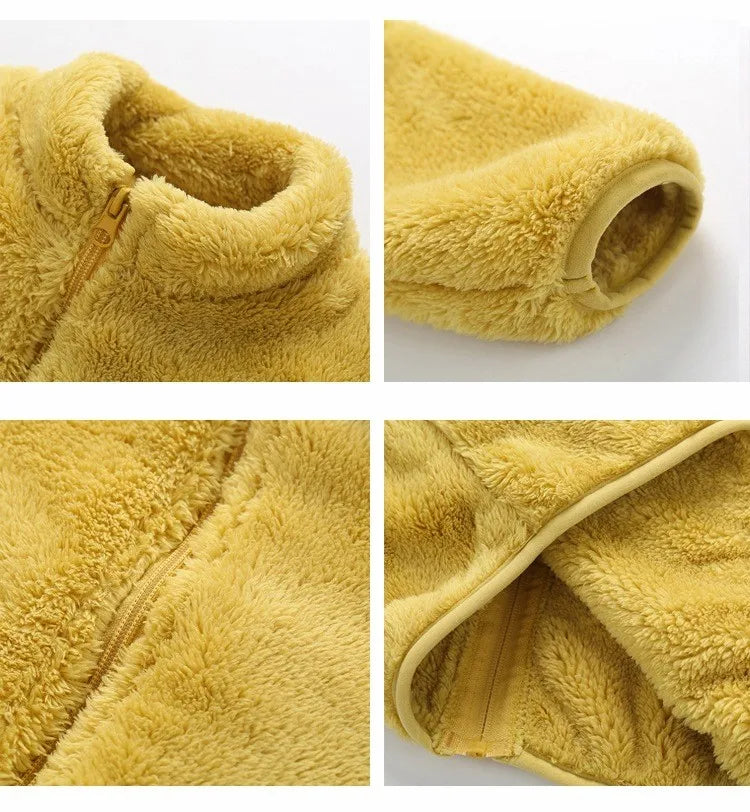 Kids plush winter coat lining texture closeup