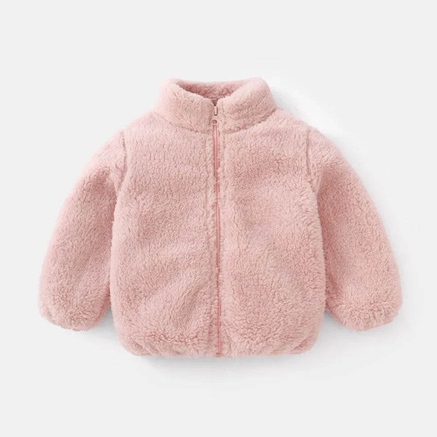 Kids plush winter coat lining texture closeup