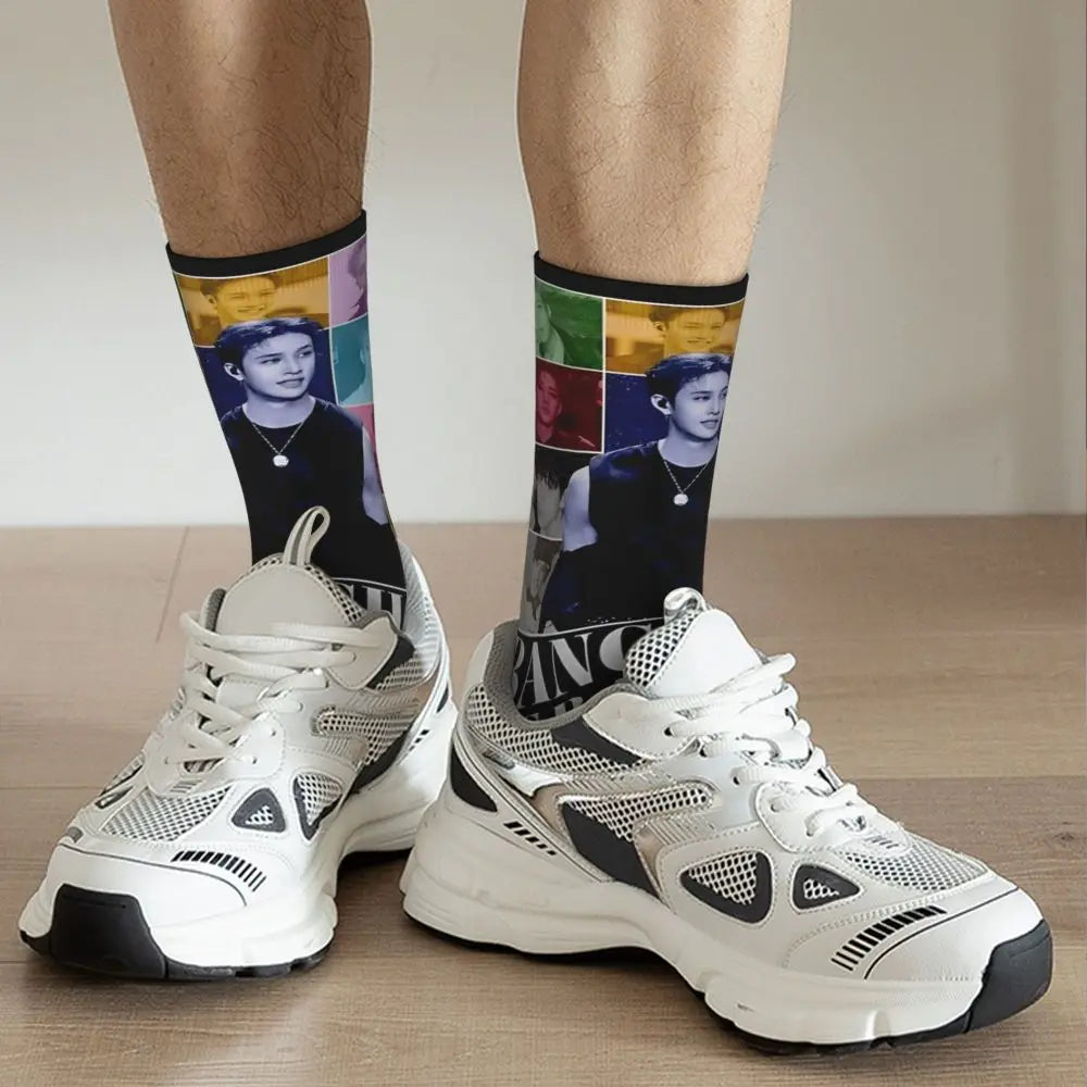 Men's printed skateboard crew socks worn on feet