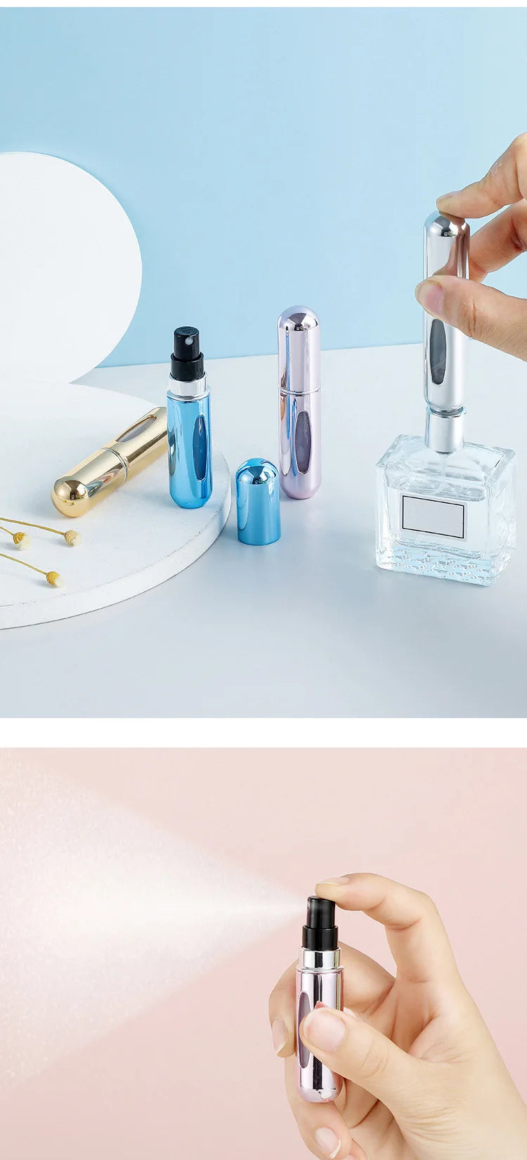 Mini travel perfume atomizer worn in use