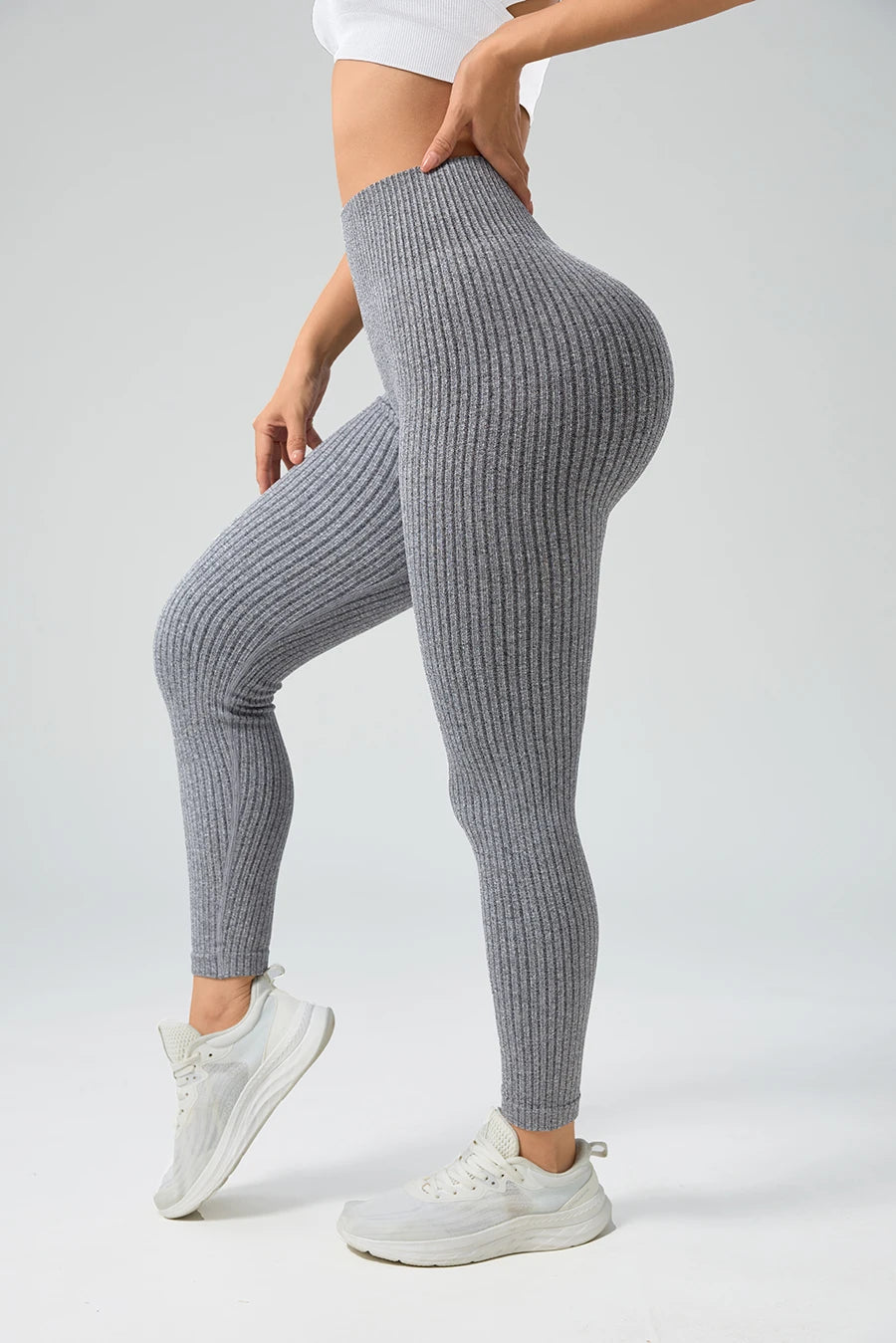 Tummy control yoga leggings front view gray