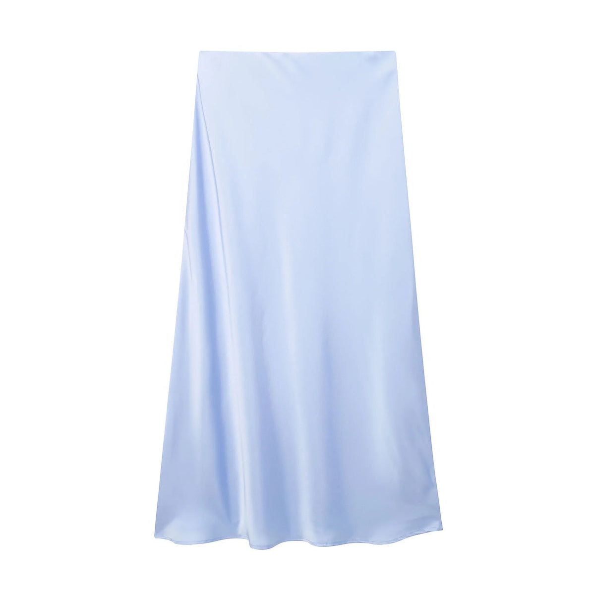 High waist satin midi skirt worn styled outfit powder blue