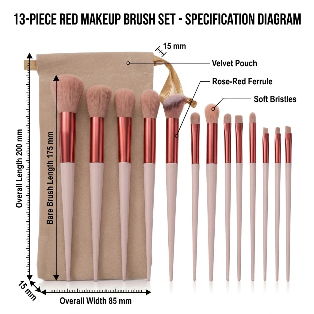Makeup brush set red with travel bag