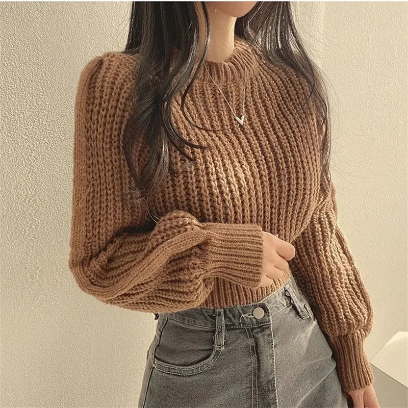 Loose korean sweater brown worn close up