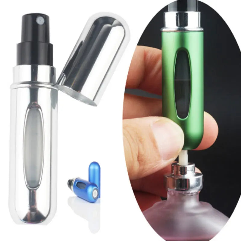Mini travel perfume atomizer worn in use