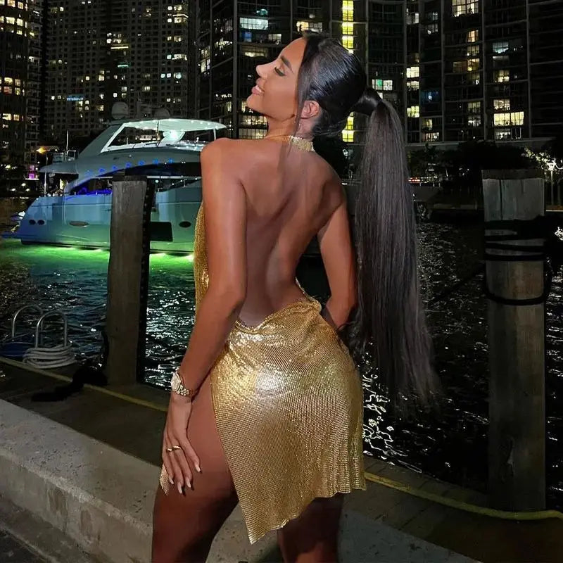 Sequin backless halter dress halter neckline back view