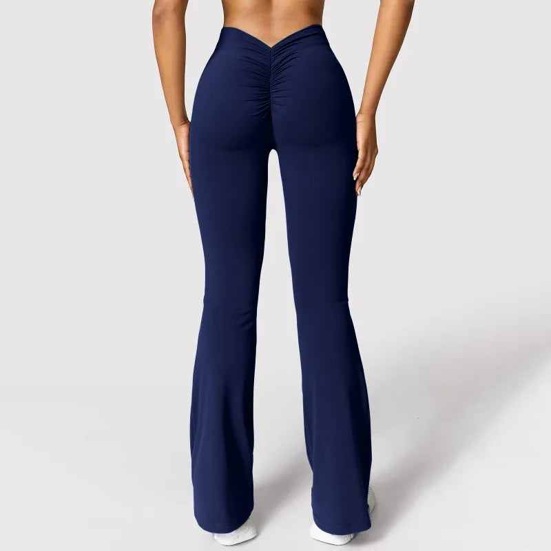 V-back waist leggings navy front view flare