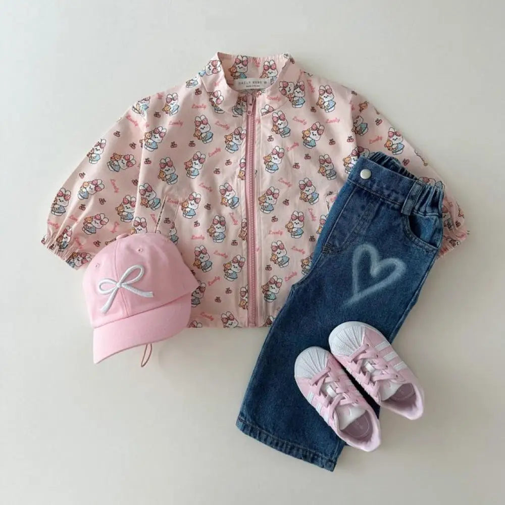 Baby cartoon print sun jacket worn by child