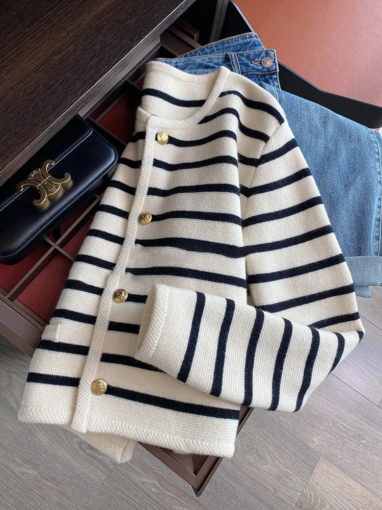 Striped cropped cardigan worn styled outfit