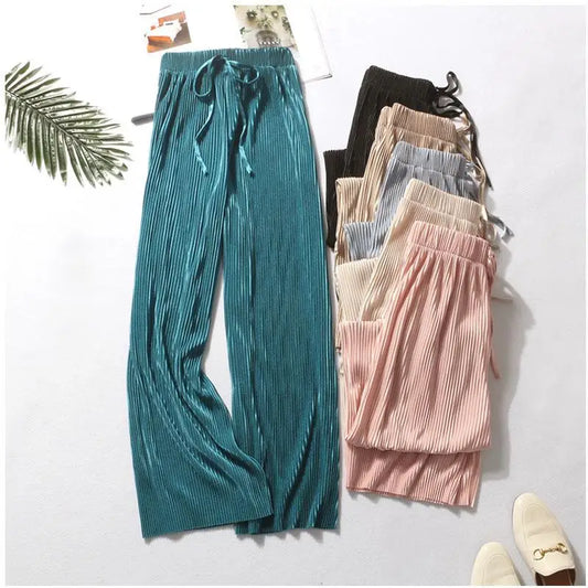  Wide leg ice silk pants teal worn full body
