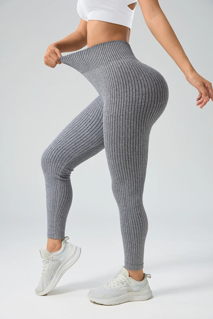 Tummy control yoga leggings front view gray