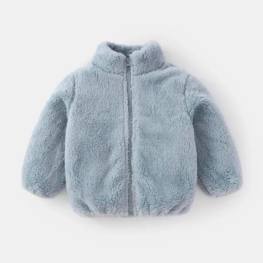 Kids plush winter coat lining texture closeup