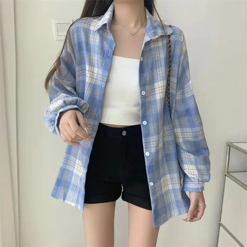 Vintage plaid shirt blue check styled with skirt