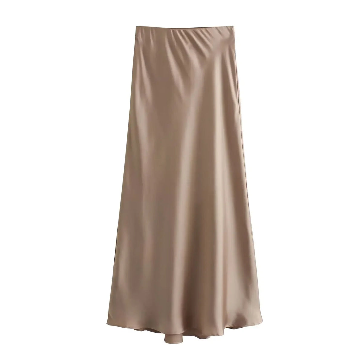 High waist satin midi skirt worn styled outfit brown