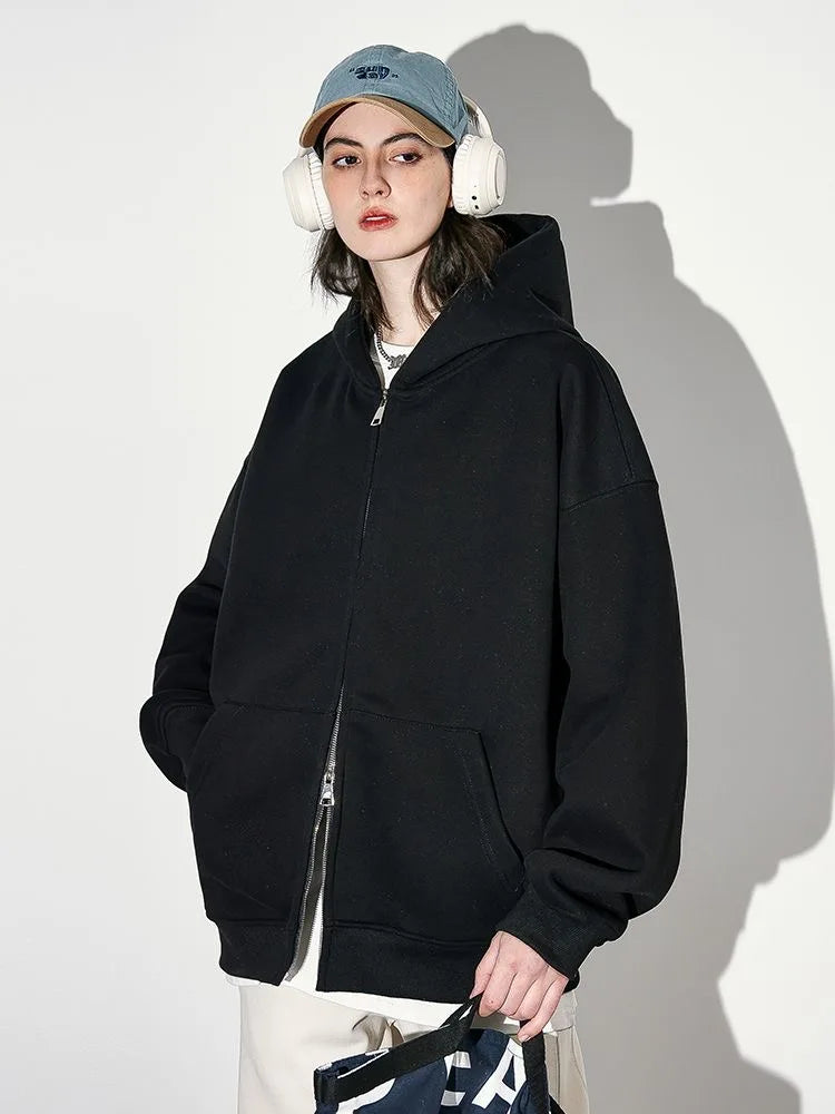 Double zip hooded jacket worn styled outfit black