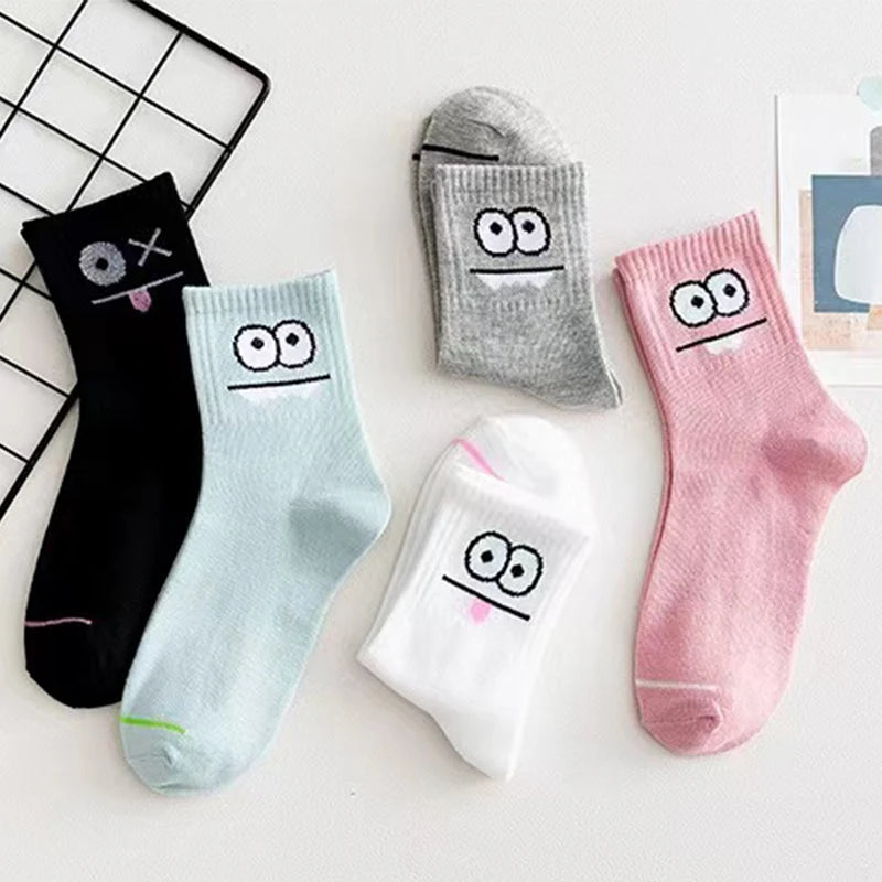 Women's funny expression print crew socks worn on feet