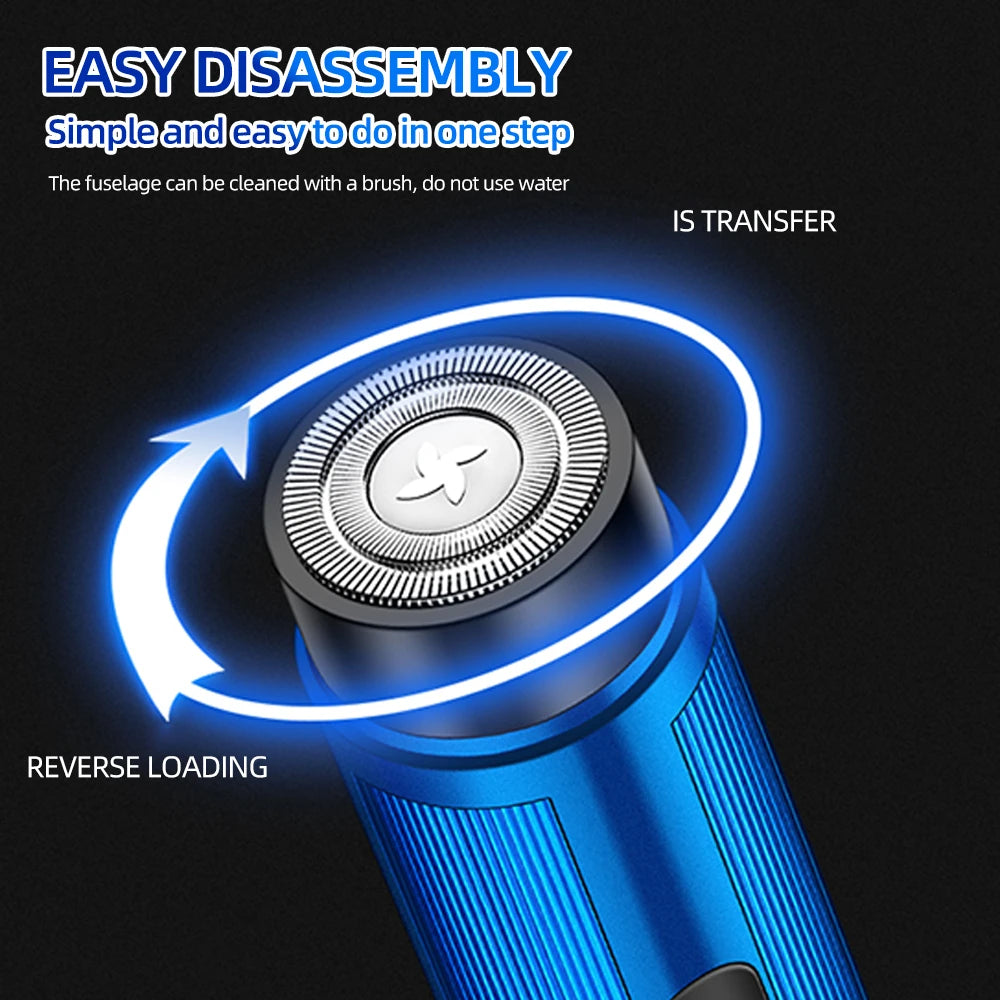 Mini Rechargeable Electric Shaver shown charging via USB port, highlighting travel-friendly design.