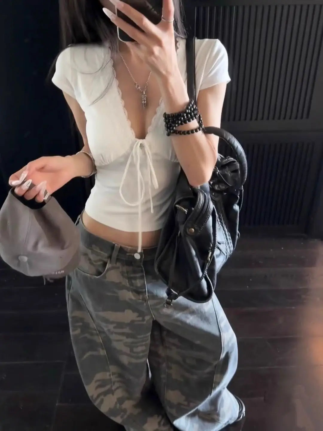 Lace V-Neck Top Women's Satin Slim Streetwear Tee